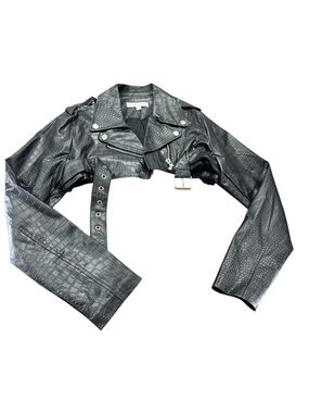 Hot & Delicious Black Faux Croc Cropped Biker Jacket